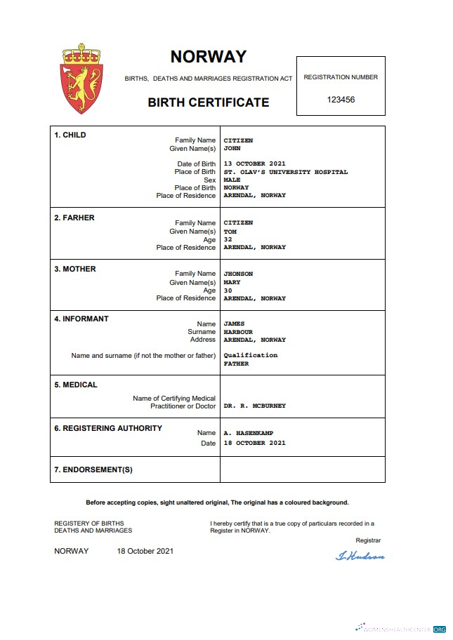 Download Norway birth certificate Word and PDF template Photoshop template